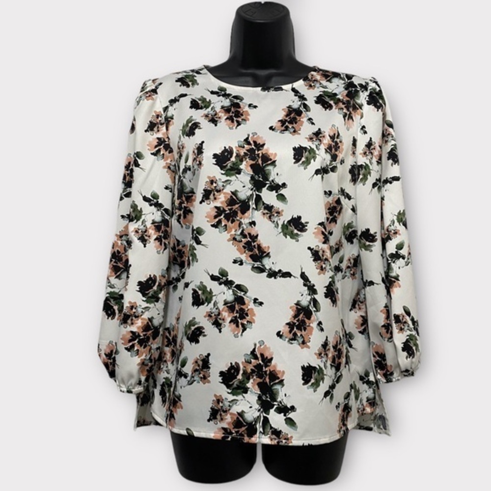 Alex Marie White Floral 3/4 Sleeve High Low Blouse Top Size Small
